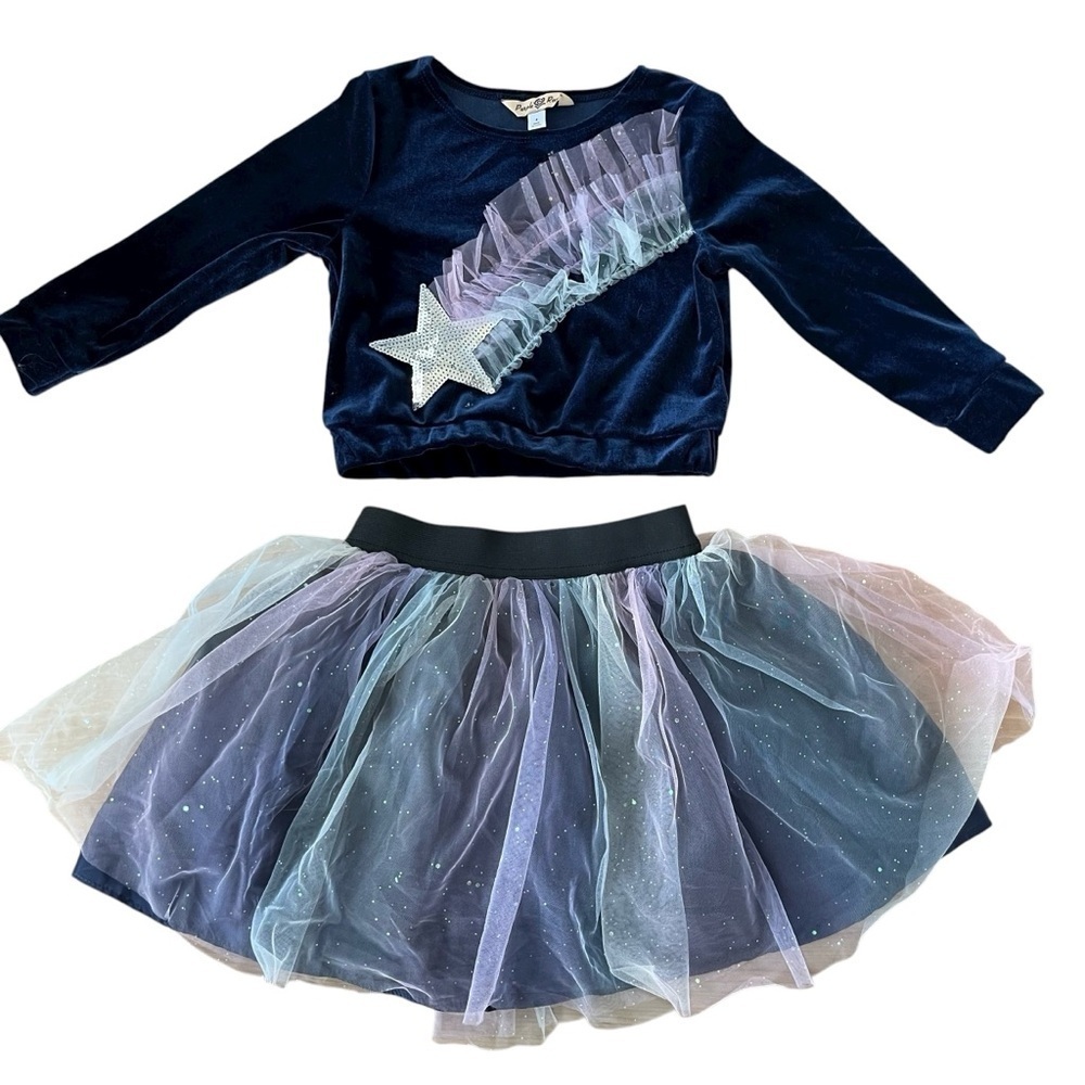 Girls Tulle Skirt Set Two Piece Velvet Star Rainbow Long sleeve Tutu Dress Sz 4